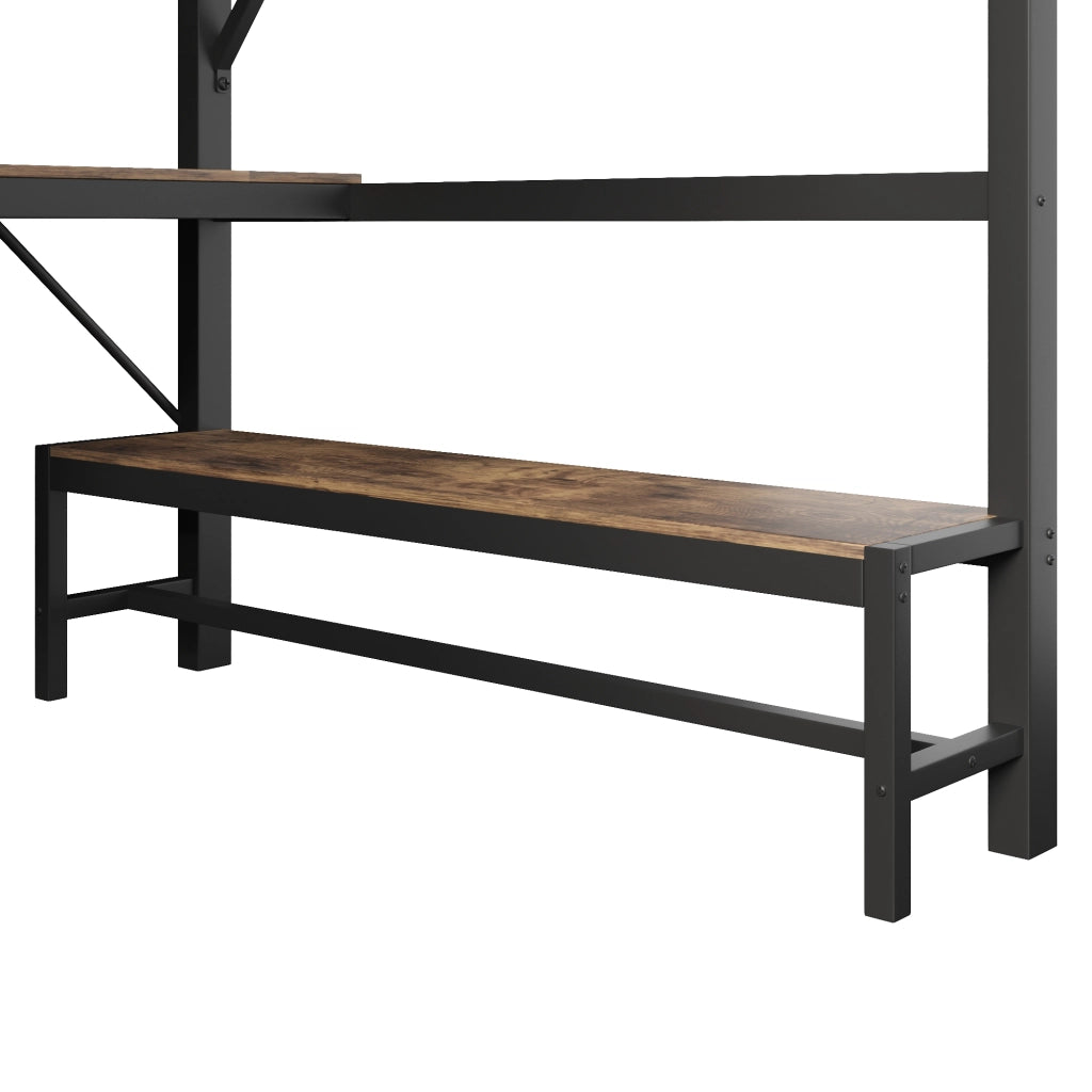 Letto a soppalco 160 x 200 cm; scrivania; ripiani; sponde di sicurezza; scala; USB/USB-C; striscia LED; pannello forato; telaio in ferro; nero