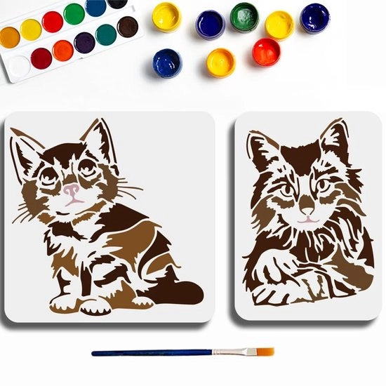 Kat Sjablonen 2 Stuks - Tema Animale - Stencil per Dipintura - Decorazione per Parete in Legno - 30 × 30/29,7 × 21 cm - Piacevoli Attività di Fai da Te