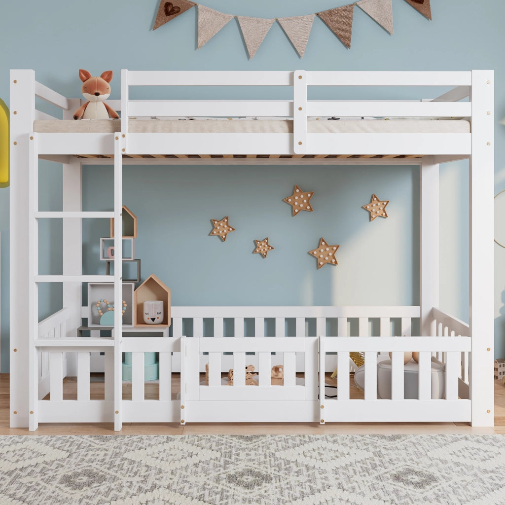 Letto a soppalco 90 × 200 cm con scala ad angolo; barriera e porta in legno bianco spazio libero sottostante