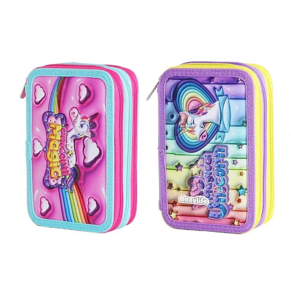 Trade Shop - Astuccio Scuola Triplo A 3 Scomparti Design 3d Tema Unicorno Magico Matite Colorate 622026 -