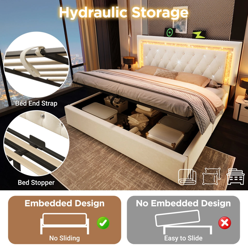Letto matrimoniale contenitore 140 × 200 cm in velluto beige con LED USB type-c testiera diamantata e vano idraulico