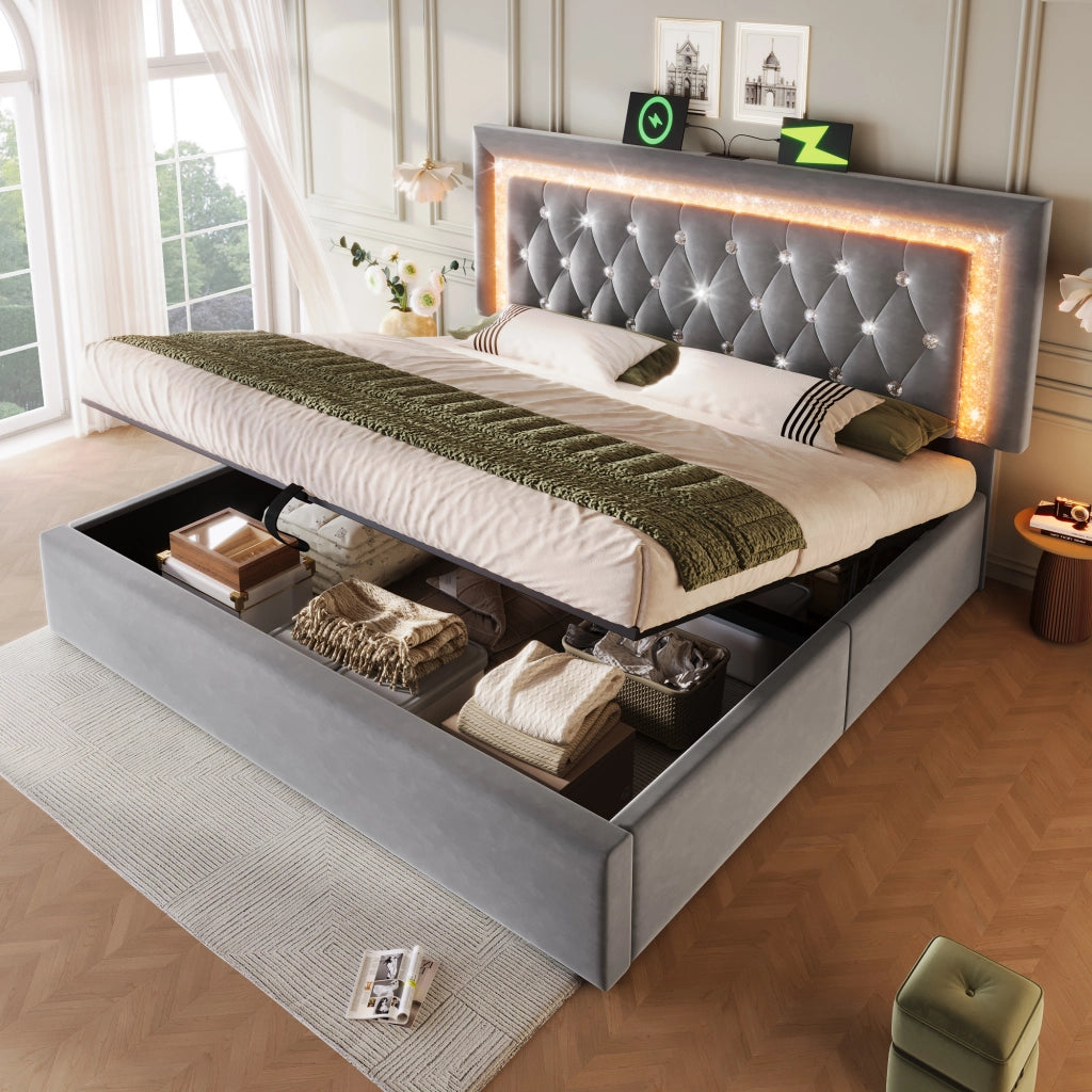 Letto matrimoniale 160x200 in velluto grigio con contenitore idraulico, testiera LED e prese USB Type-C