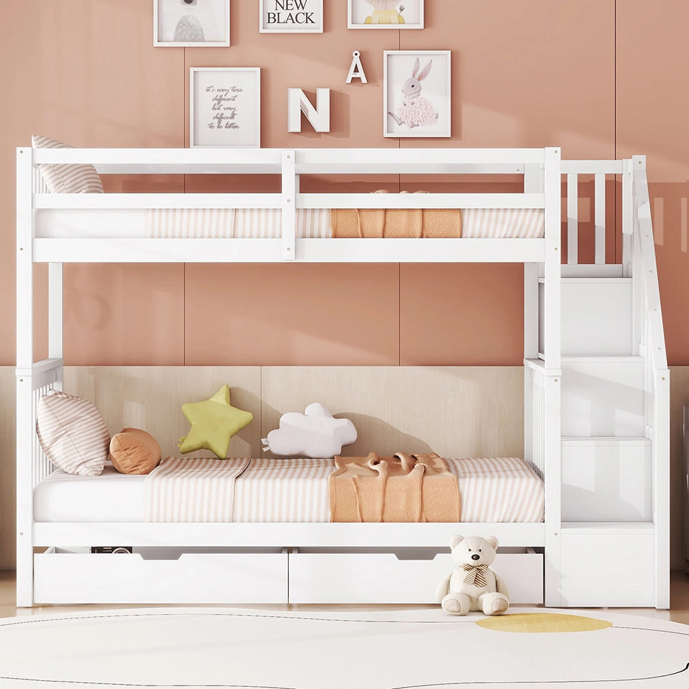 Lit superpos?? per bambini - Xylo - 90x200 cm - Bianco - Con scala e due cassetti