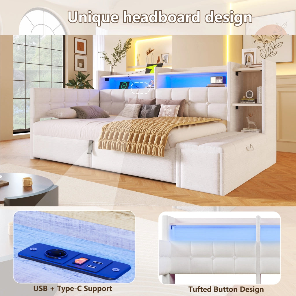 Letto da Giorno 90x200 cm in velluto con Contenitore Idraulico; Panca Contenitore; LED; USB-C; Ripiani Bianco