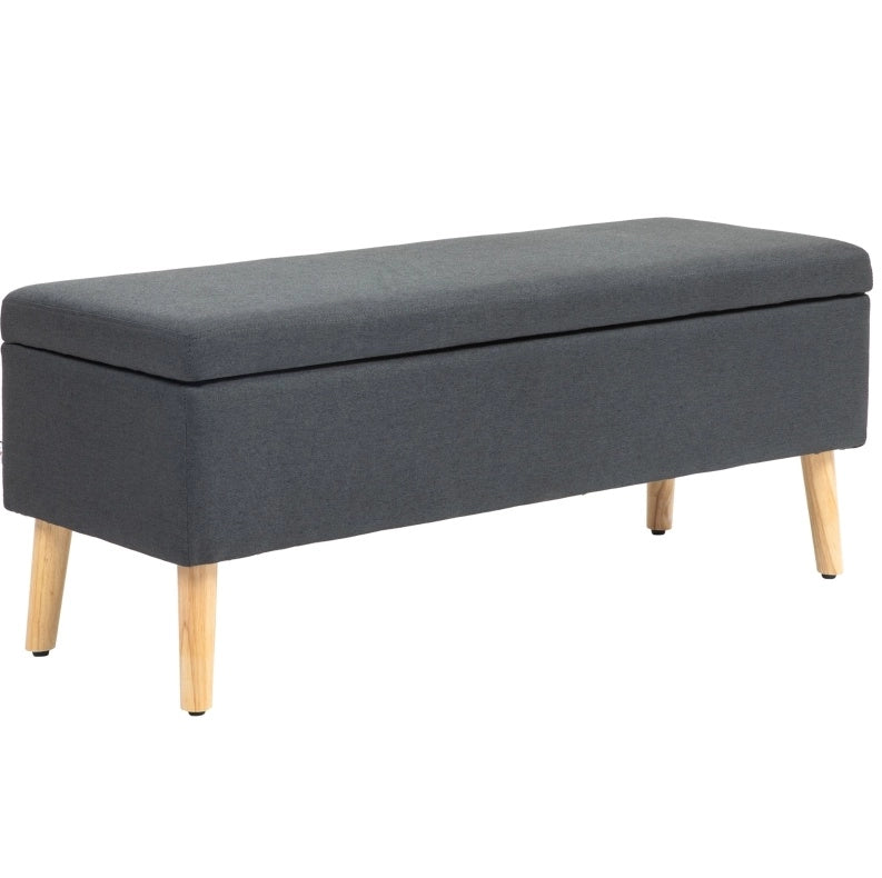 Panca contenitore imbottita in tessuto effetto lino, struttura in legno di caucciù, 110 x 39 x 45 cm, grigio scuro