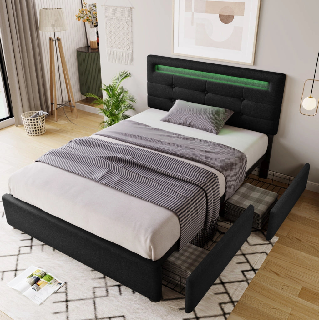 Bettiera imbottito con LED; 2 cassetti; 90x200 cm; nero