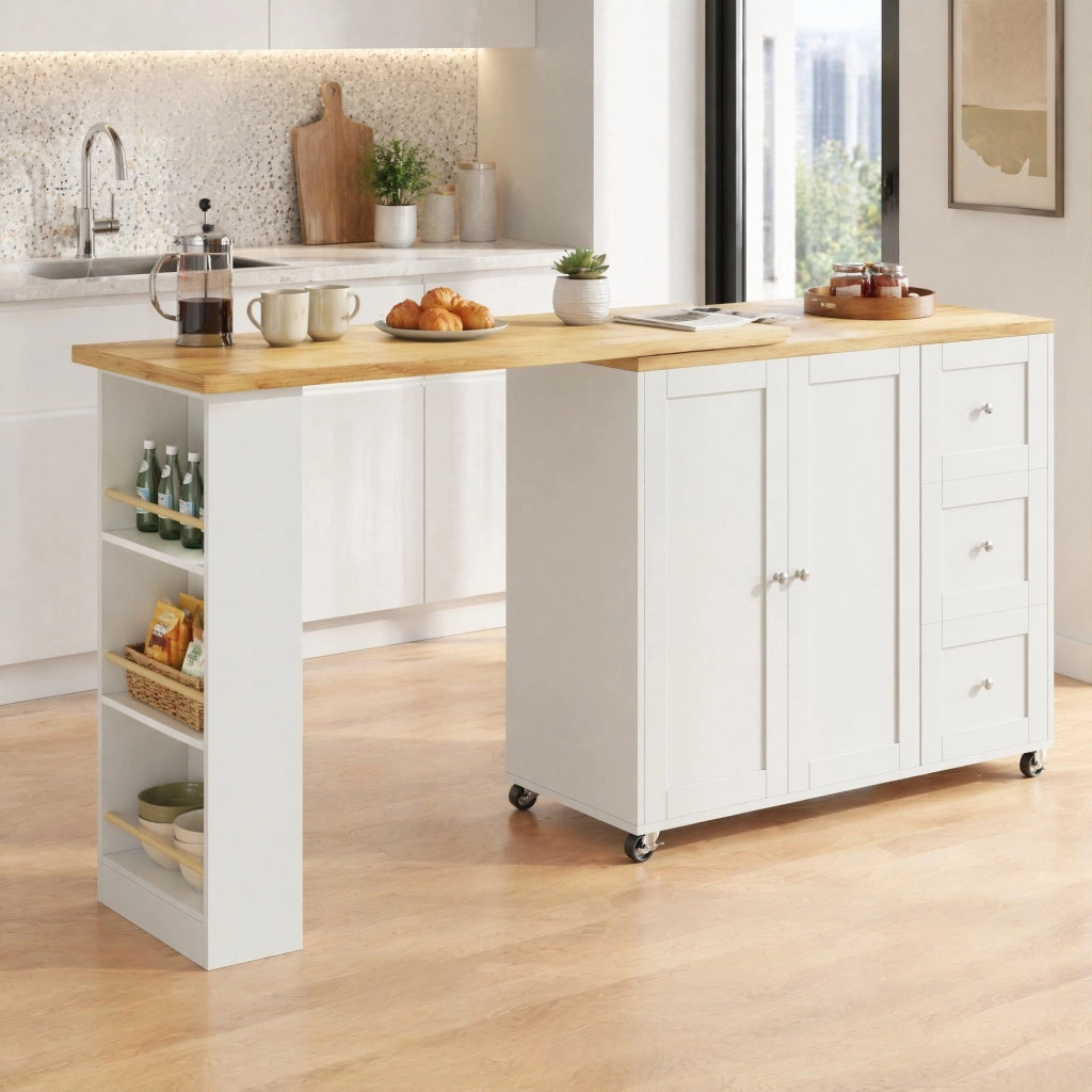Mobile bar girevole 360° con ruote, tre cassetti, due ante e snack regale in MDF bianco per cucina e soggiorno