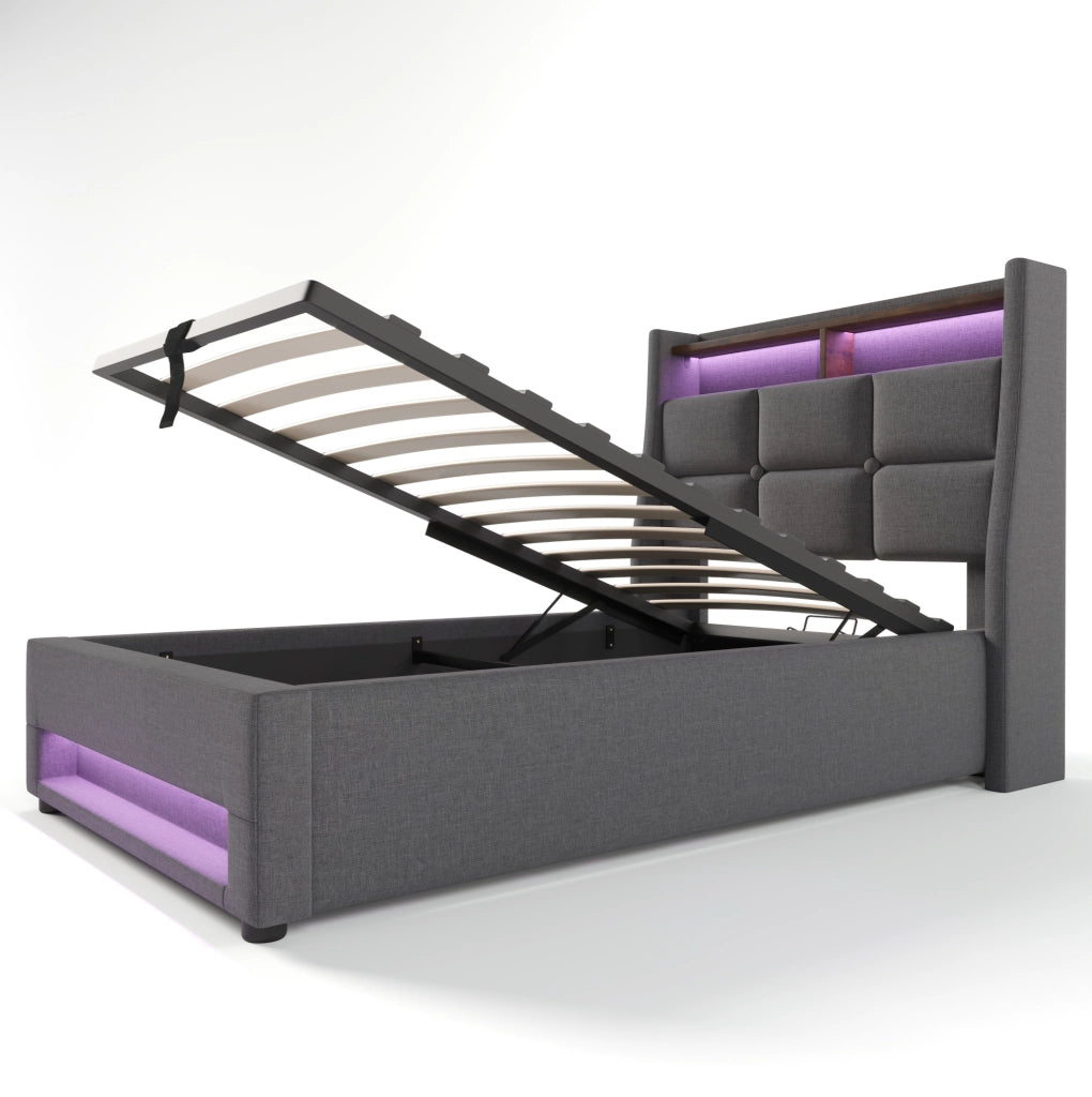 Letto imbottito 90x200 cm con materasso, LED, USB e contenitore in lino grigio