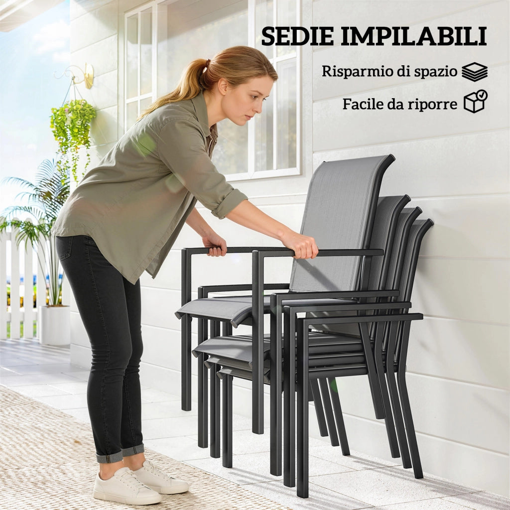 Set da Giardino 5 pz in Acciaio con 4 Sedie Impilabili e Tavolo con Foro Centrale e Ripiano Inferiore, Grigio