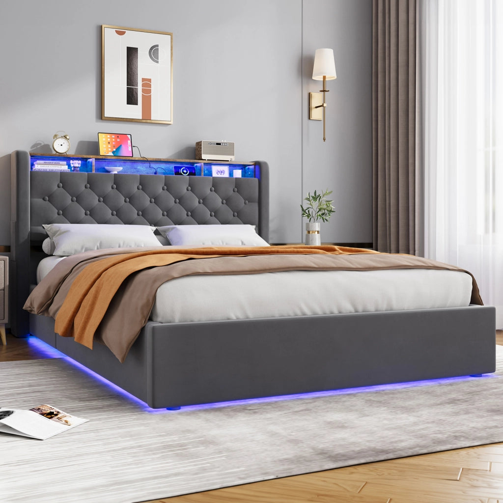 Letto imbottito 140 × 200 cm con contenitore, mensola testiera, LED e porte USB in velluto holland grigio