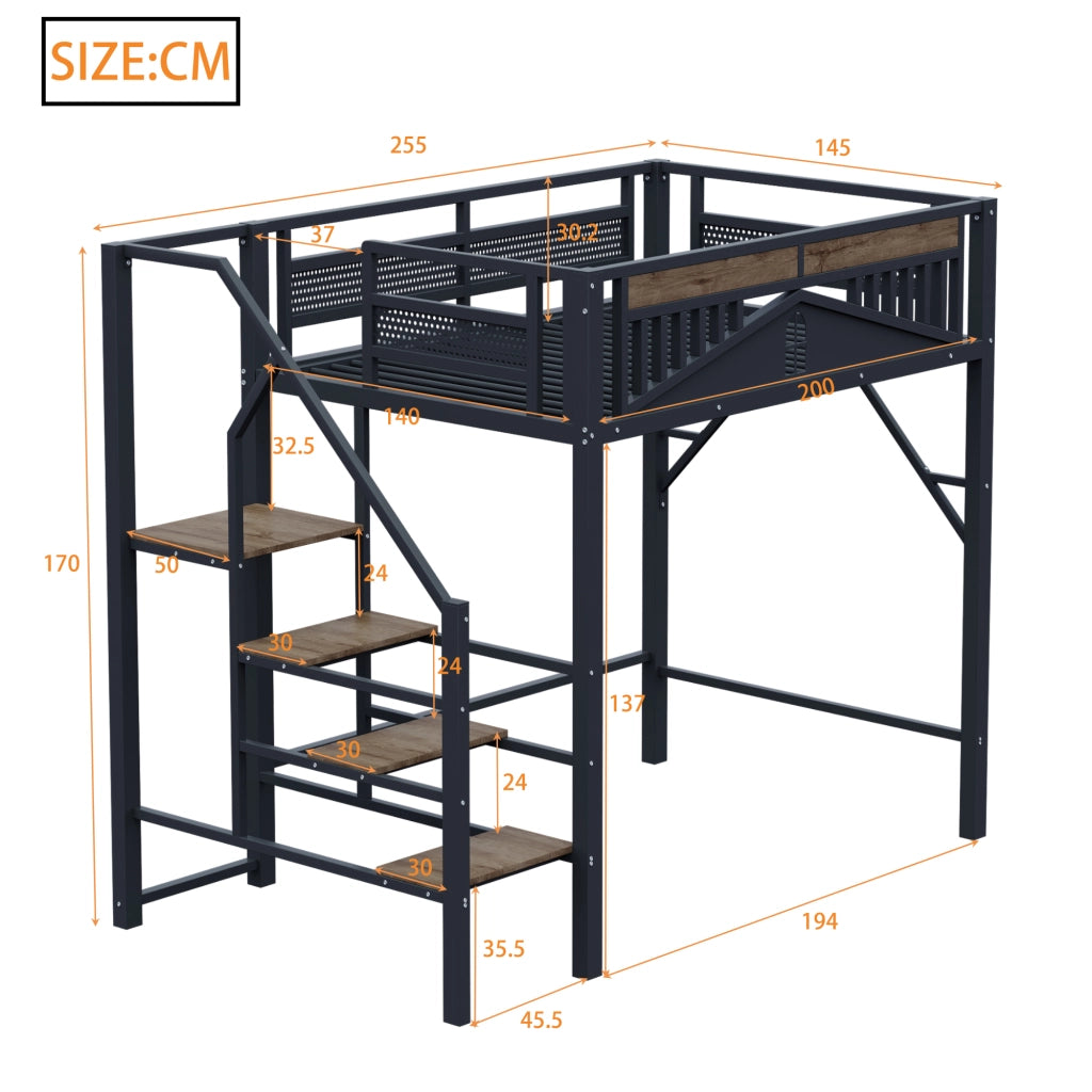Letto a soppalco 140 × 200 cm con scala di sicurezza; gradini in legno e barriera a finestra in metallo nero