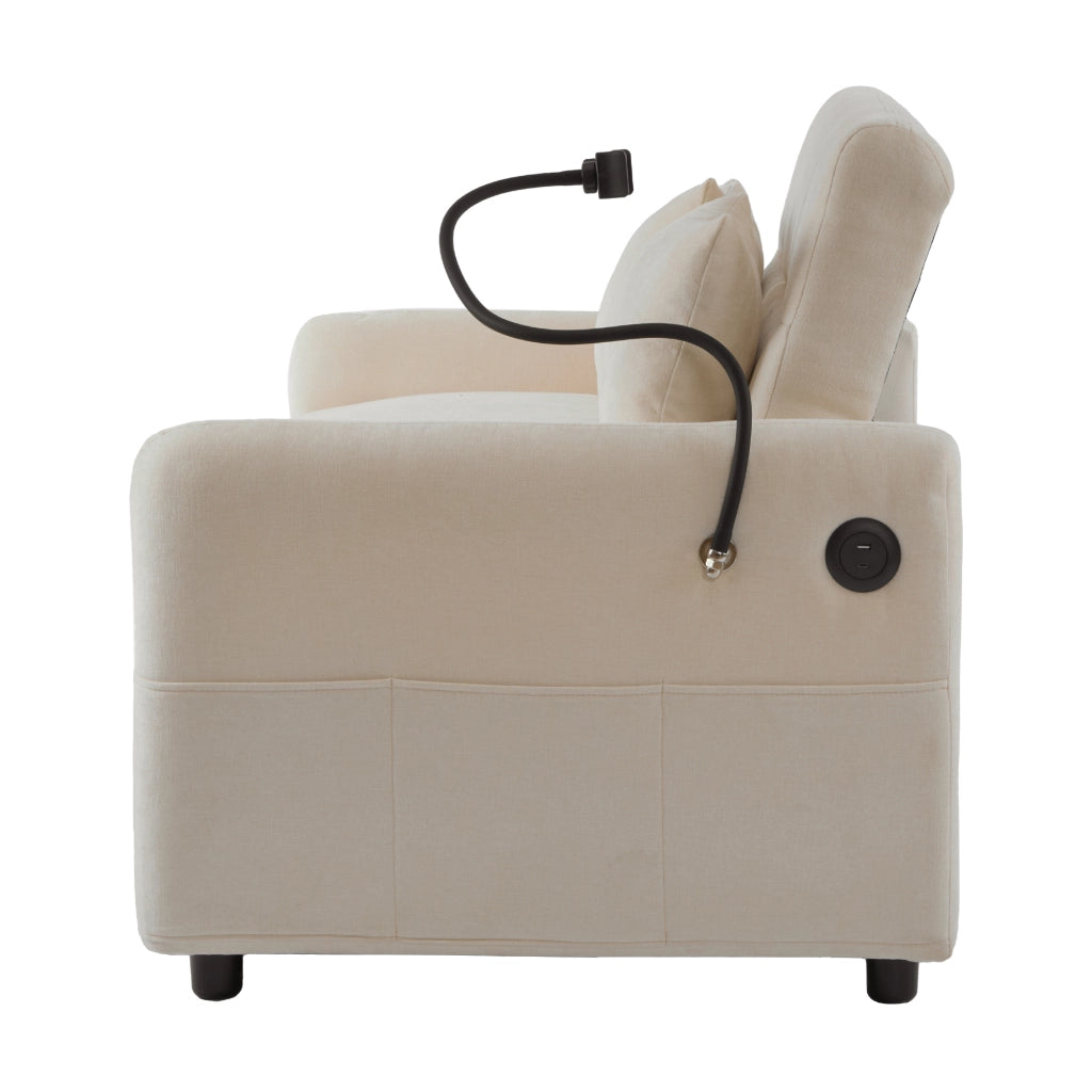 Divano letto estraibile 2 posti con schienale regolabile e USB in ciniglia beige