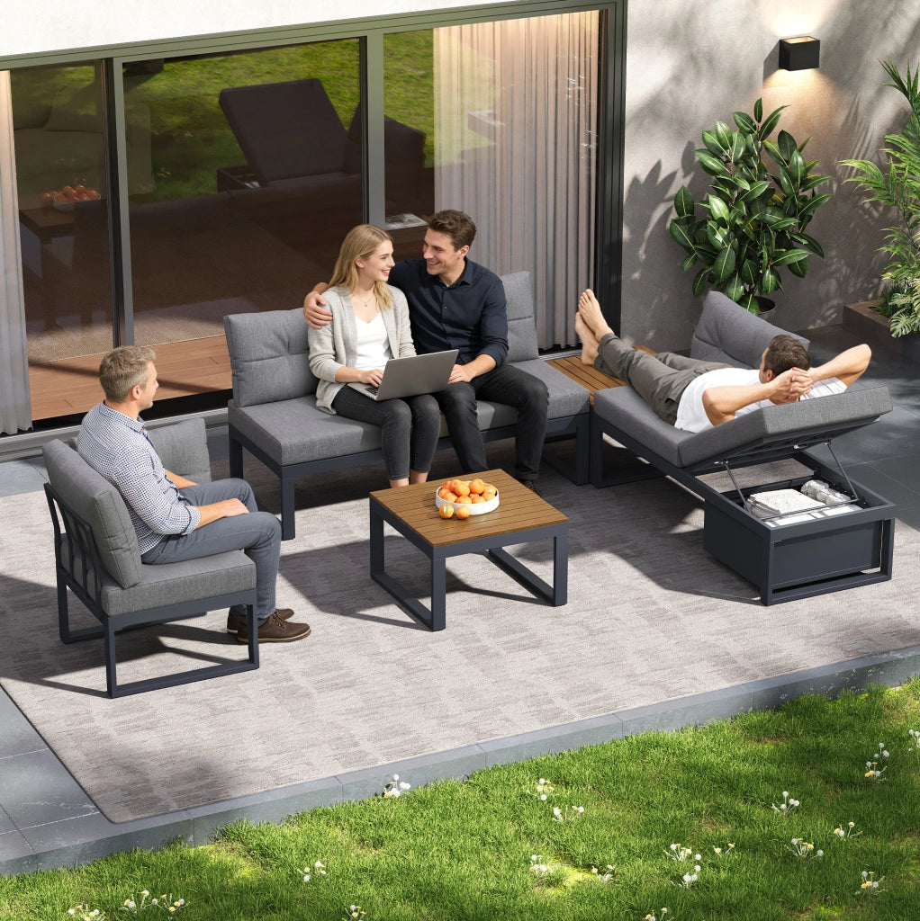 Set Salotto da Giardino Modulare con Schienale Regolabile a 3 Posizioni, Cuscini Spessi e Imbottiti, Tessuto Poliestere Resistente per Terrazza, Balcone e Giardino, Grigio Scuro