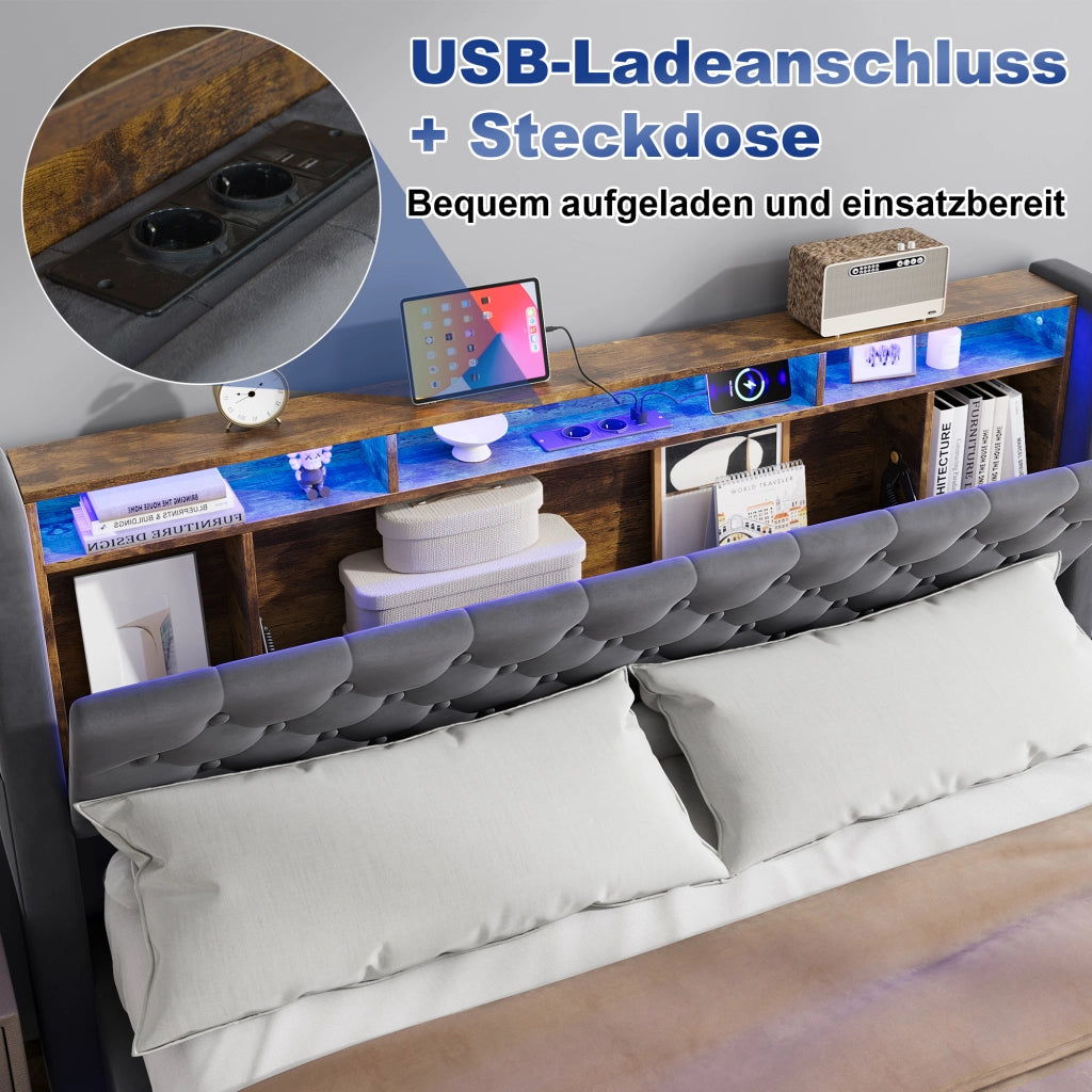 Letto contenitore matrimoniale 160x200cm;LED;vano contenitore;presa elettrica;testiera reclinabile;base imbottita;grigio scuro;materasso escluso