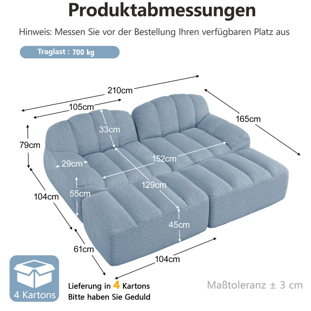 Divano modulare blu 210x165x79 cm con 2 pouf, senza montaggio