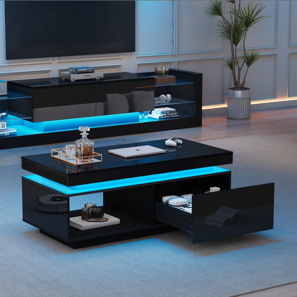 Credenza; con LED; finitura lucida; nero