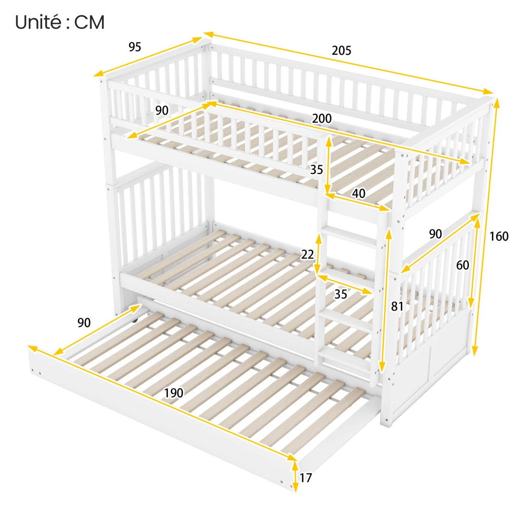 Letto a castello per bambini 90 × 200 cm e 90 × 190 cm, 3 posti con estraibile, senza materasso, bianco