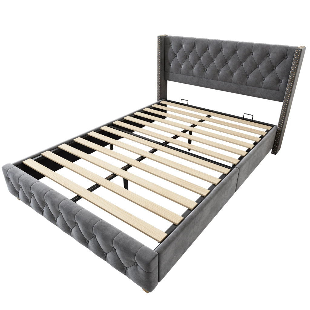 Letto imbottito 160x200 cm in velluto grigio con rete a doghe e testiera decorata