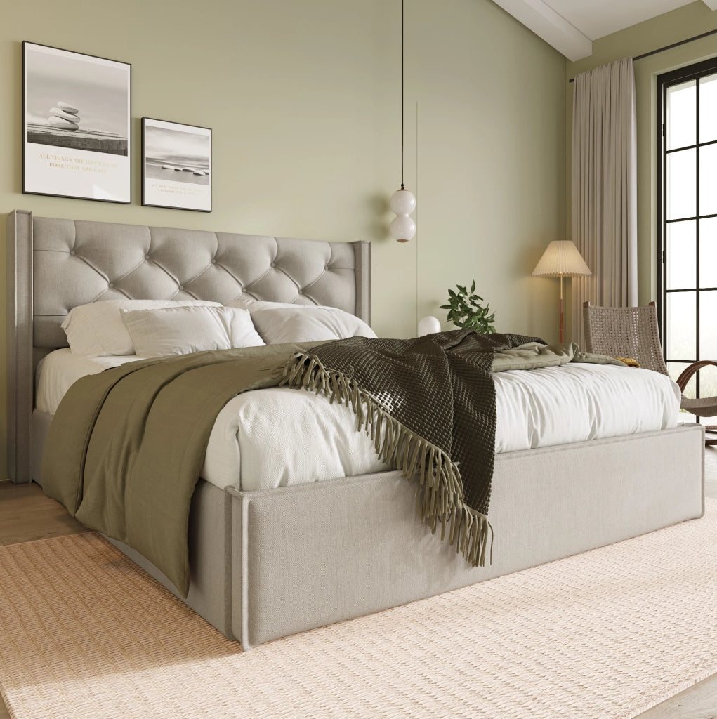 Letto imbottito 140x200 cm con contenitore idraulico in cotone grigio chiaro