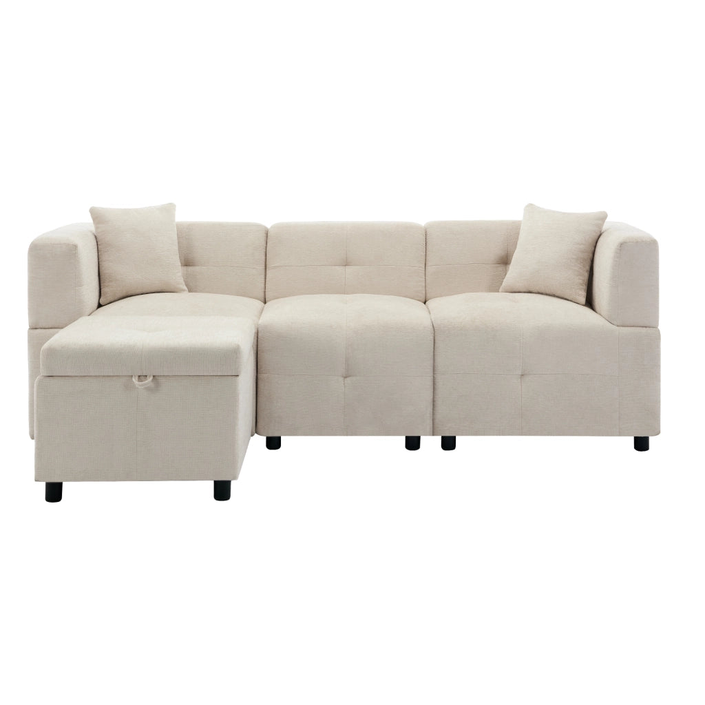 Divano angolare 3 posti 204x126 cm con pouf contenitore in ciniglia beige