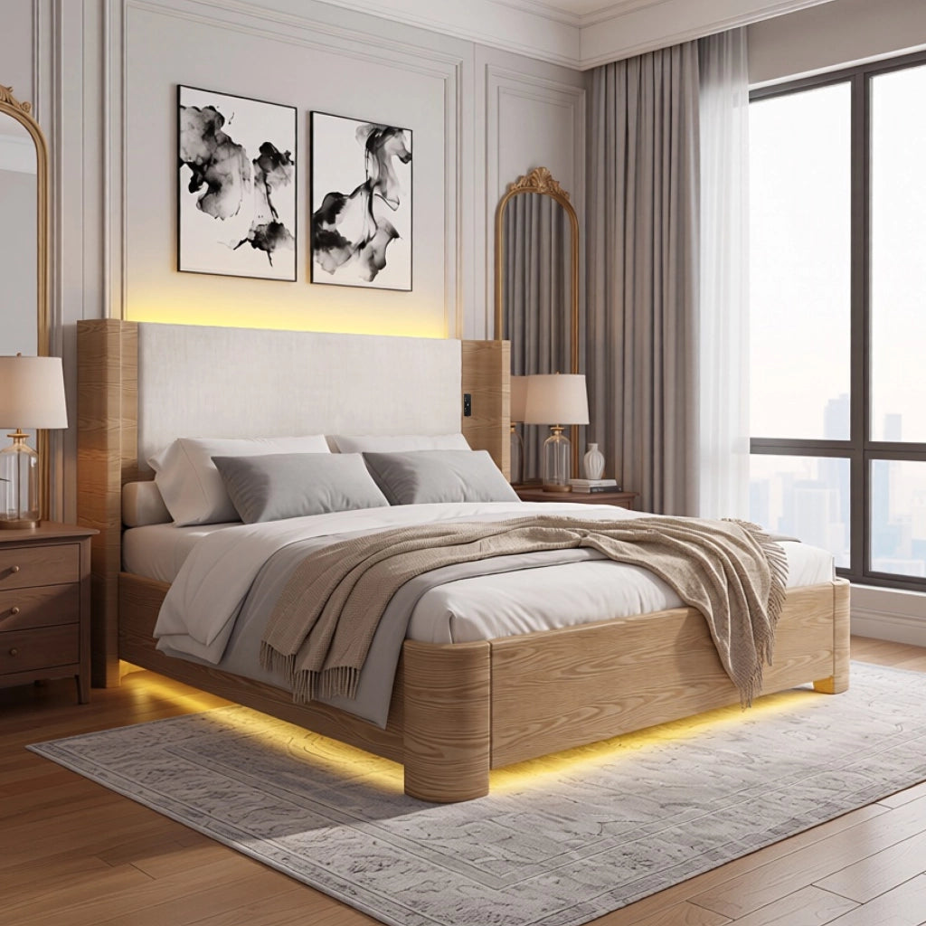 Letto contenitore 180 × 200 cm con sollevamento idraulico 750 N LED a 7 colori telecomando beige