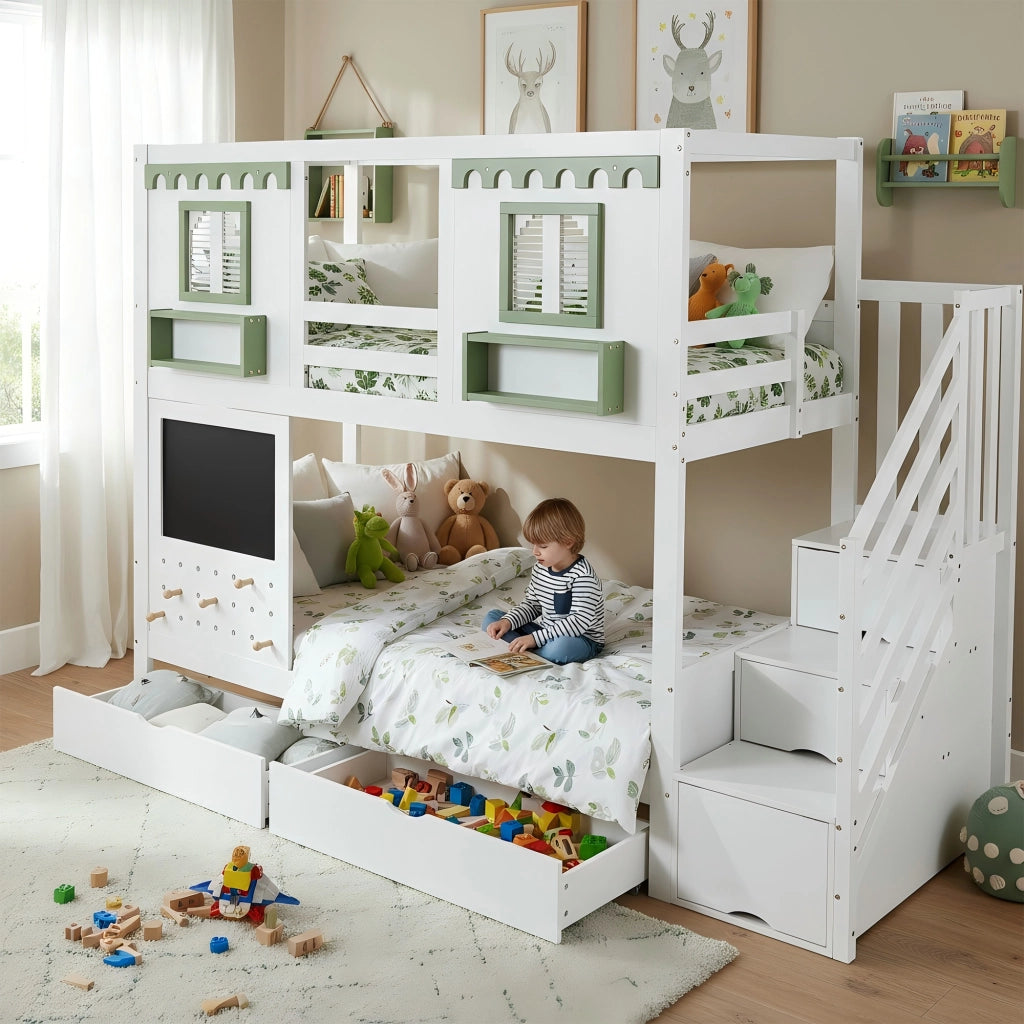 Letto a castello 90x200 cm bianco e verde con 2 cassetti; scala contenitore e pannello con ganci