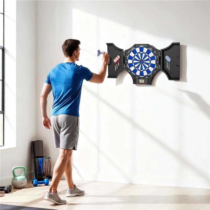 BERSAGLIO FRECCETTE ELETTRONICO CON 6 FRECCETTE E MONITOR LCD PER 31 GIOCHI, 83X45X4 CM, NERO E BLU