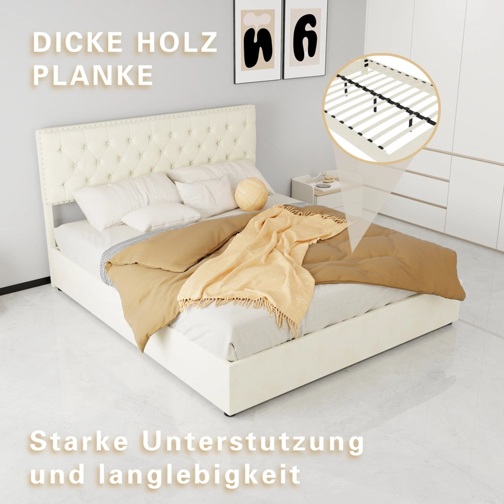 Letto moderno minimalista beige 160x200 cm con contenitore e materasso incluso