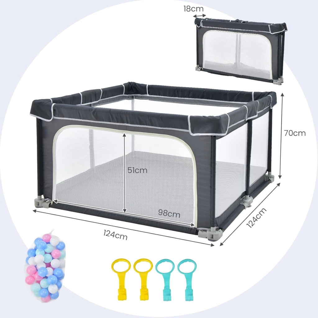 Recinto per Bambini, Box per Bambini con Rete Traspirante, Centro Attività per Bambini con 50 Palline, Box Giochi per Bambini 0-3 Anni (Grigio Scuro, ‎124 x 124 cm)