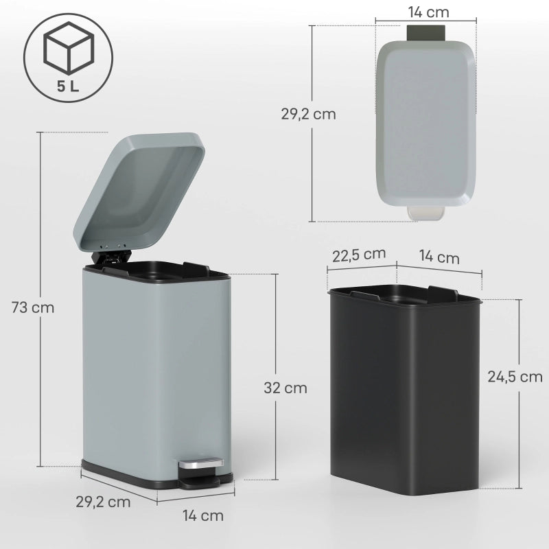 Pattumiera a pedale rettangolare in metallo grigia da 5 l con secchio interno estraibile per bagno e ufficio