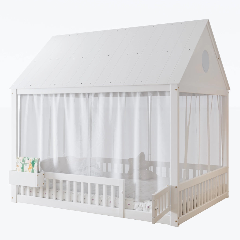 Letto singolo per bambini 140 × 200 cm con tende bianche vano contenitore e rete a doghe in legno bianco