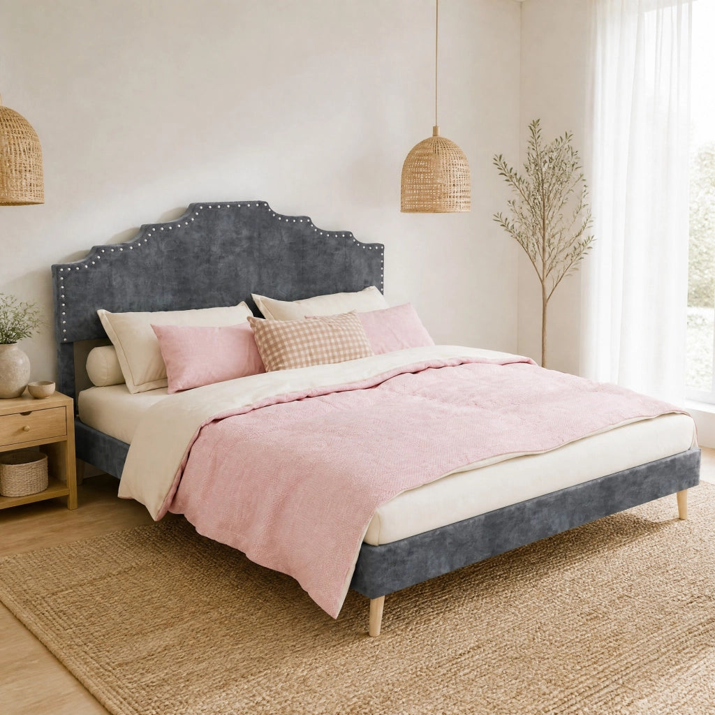 Letto con testiera geometrica per materasso 160 × 200 cm in tessuto grigio con rete a doghe