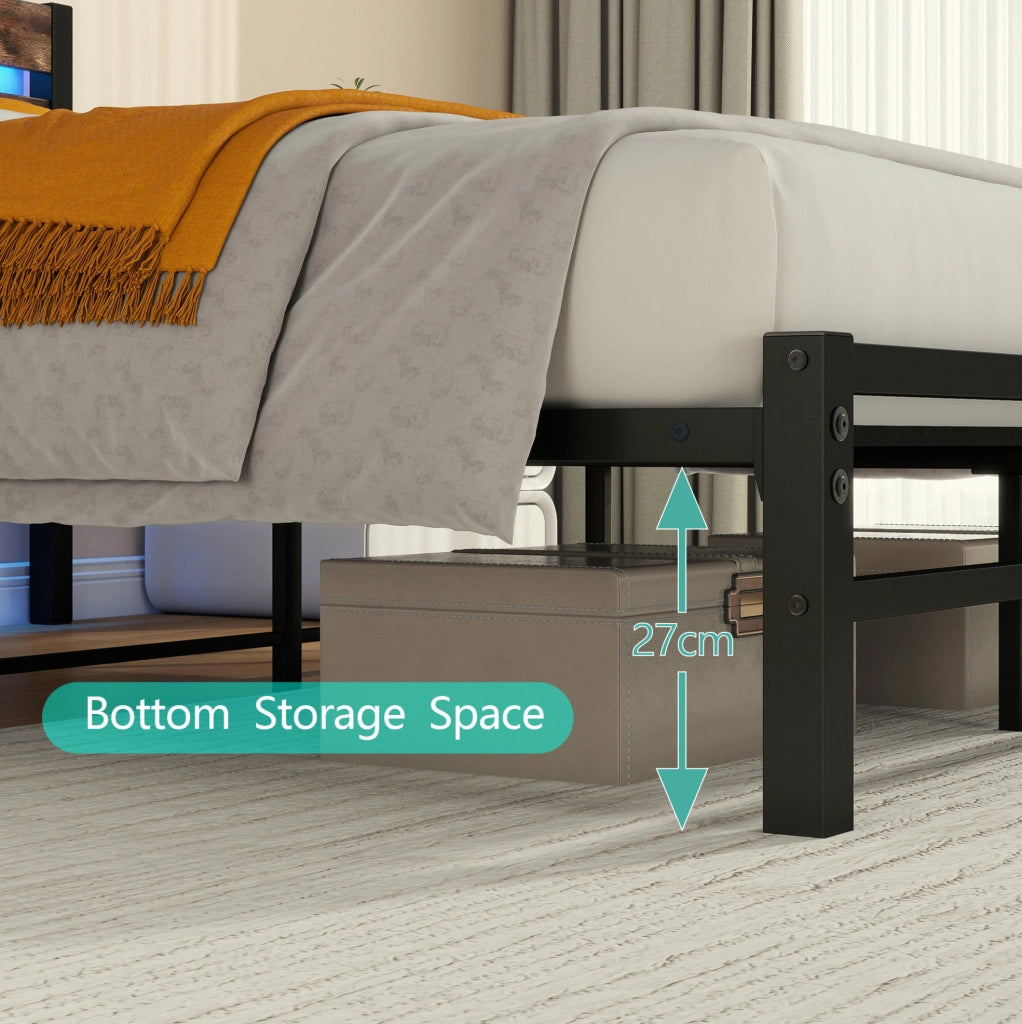 Letto con struttura in metallo 140x200 cm con testiera in legno, illuminazione LED RGB, porta USB e spazio contenitivo sottostante
