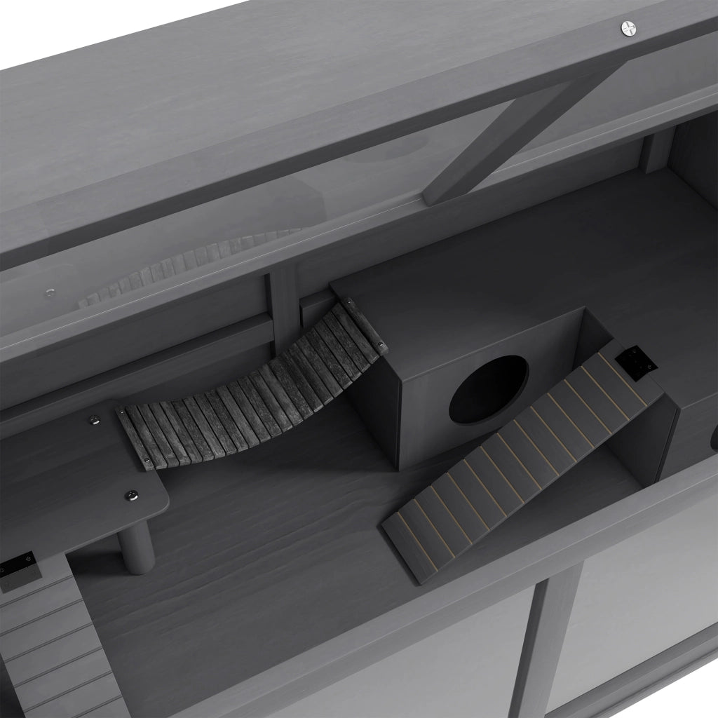Gabbia per piccoli roditori in legno con piattaforma ponte sospeso e casetta grigio scuro 100 × 52 × 50 cm