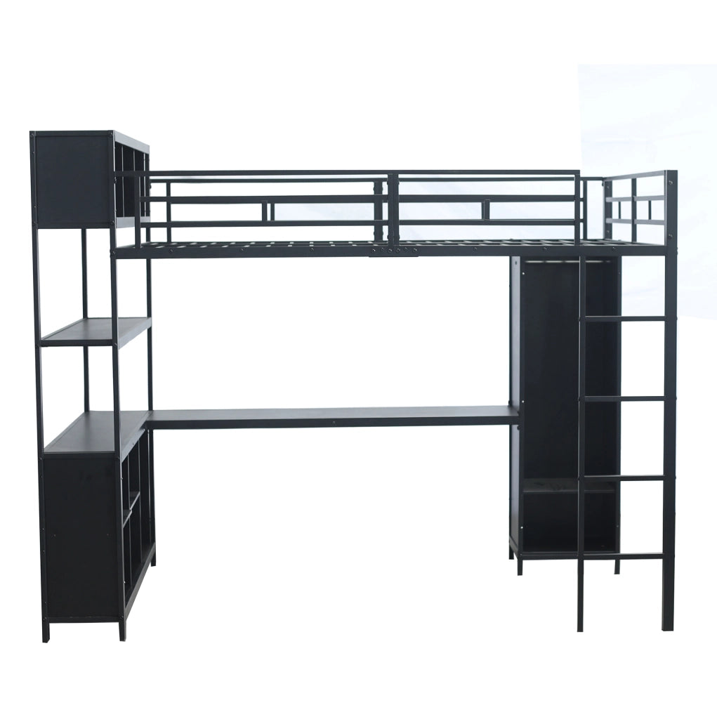 Letto a soppalco 140x200 cm con scrivania; armadio e vani contenitore in metallo e legno; nero