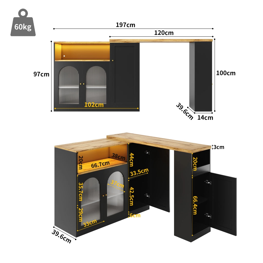 Tavolo da bar girevole 360掳 197 cm con mobile bar nero opaco; piano effetto legno; ante in vetro e LED