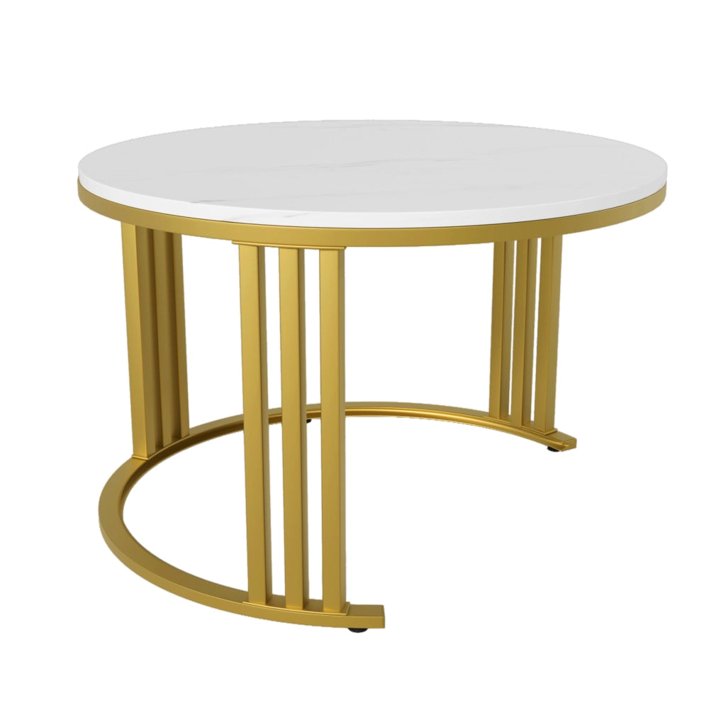 Set di 2 Tavolini Rotondi in MDF con Piano Lucido e Marmo Bianco, 70x70x46 cm & 50x50x40 cm, con 2 Cassetti per Soggiorno