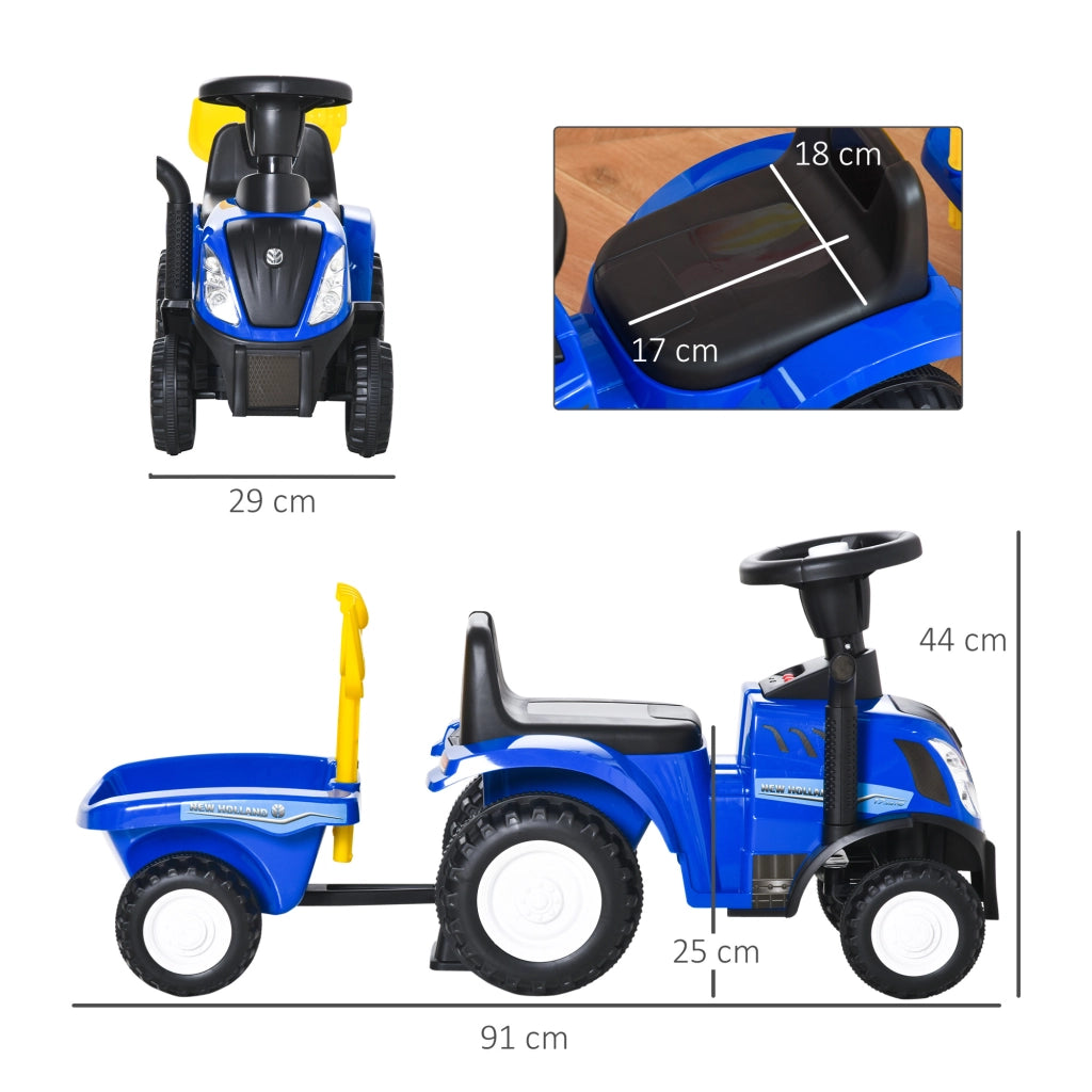 Trattore per Bambini Cavalcabile con Rimorchio, Rastrello e Pala, Gioco Educativo per Bimbi 12-36 Mesi, 91x29x44cm, Blu