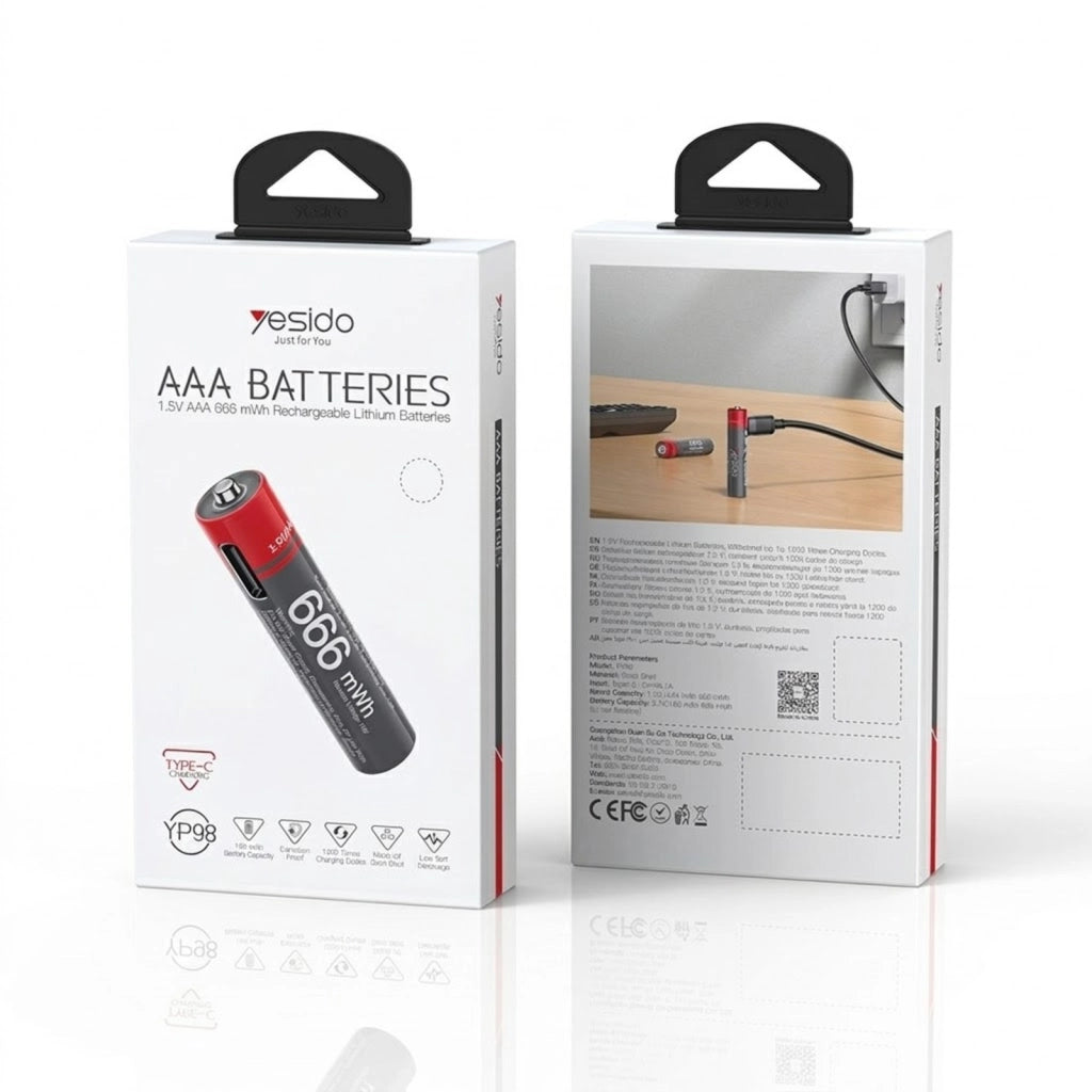 4x Batterie AA Litio 440mAh 1.5V 666mWh Ricaricabili USB-C Nero / Rosso Yesido