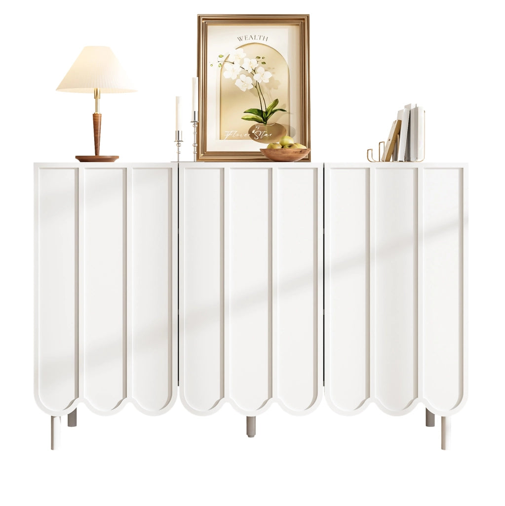 Madia bianca in MDF con ante ondulate; ripiani regolabili e apertura a pressione; 120 x 35 x 80 cm