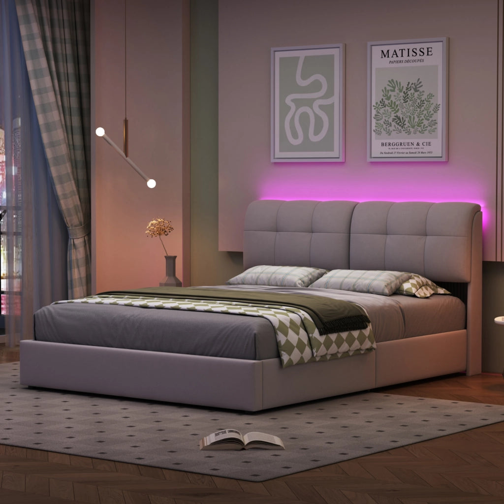 Letto matrimoniale 140x200cm velluto beige, luce LED atmosfera retro testiera, vano contenitivo idraulico