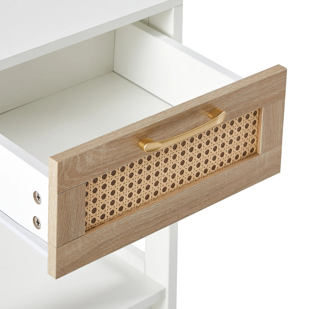 Comodino con cassetto e finitura effetto rattan in MDF bianco e naturale per camera da letto 40 × 40 × 55 cm