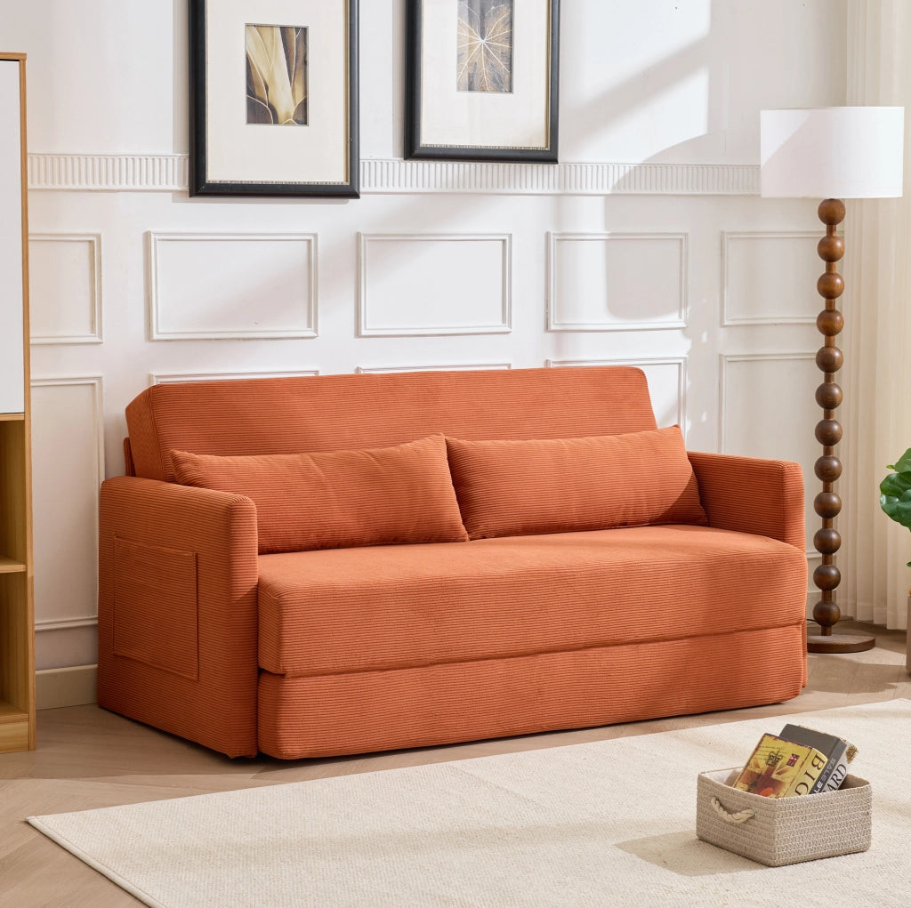Divano letto 2 posti in tessuto di cotone, arancione, con due cuscini lombari e tasche portaoggetti, dimensioni 165x92x82 cm