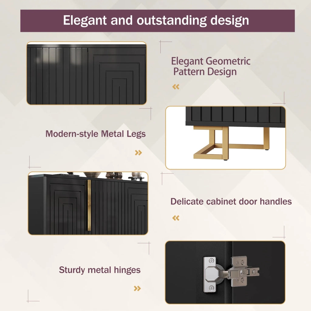 Sideboard nero 152x40x75 cm, design geometrico, maniglie e piedi dorati