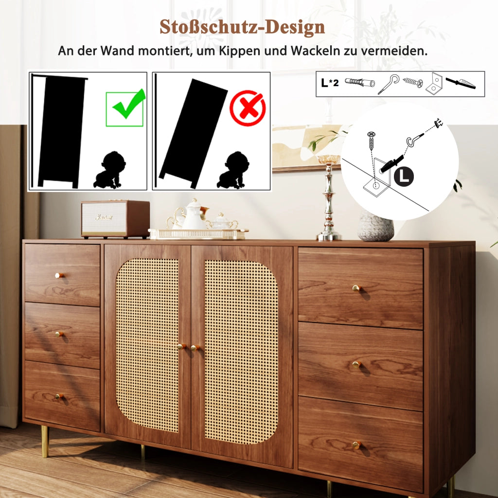 Madia per soggiorno con sei cassetti e due ante in MDF con porte in rattan color legno 160 × 40 × 90 cm