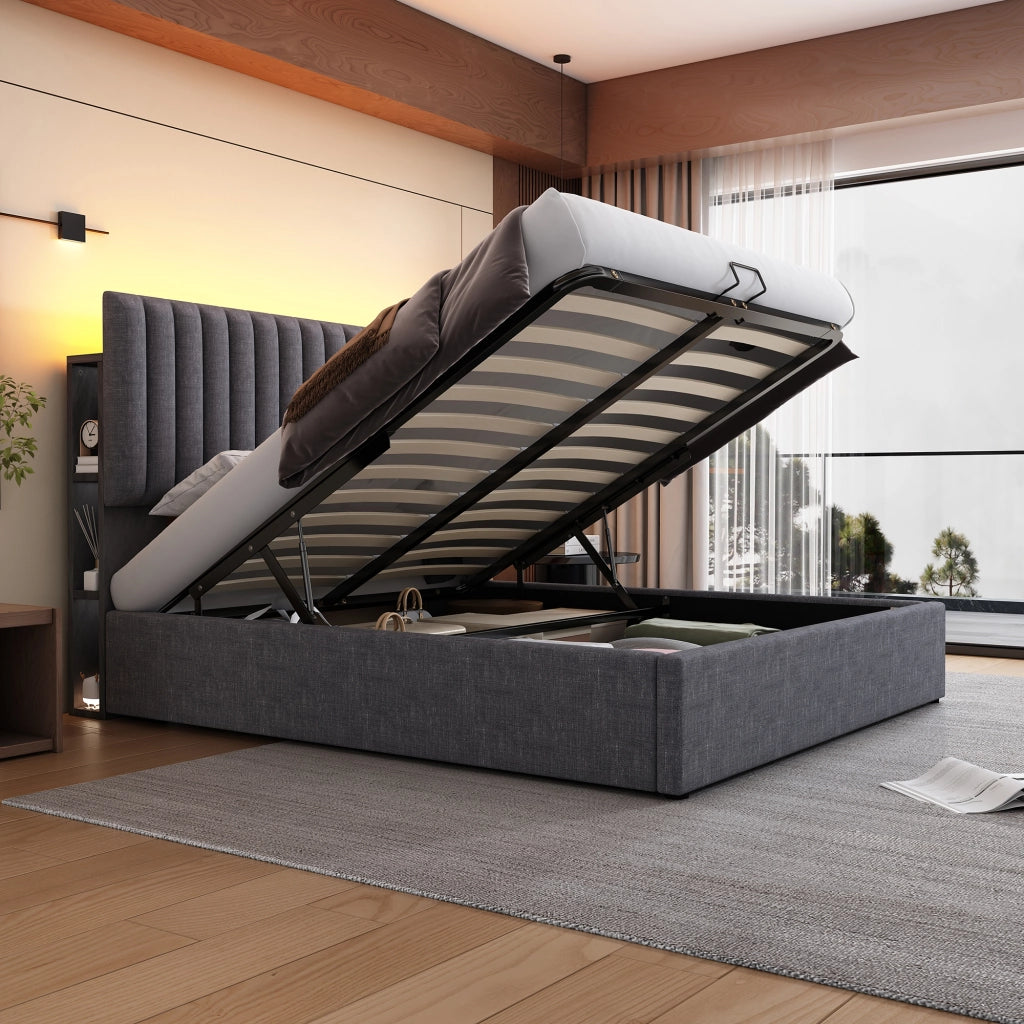 Letto matrimoniale imbottito 140 ¡Á 200 cm con contenitore LED USB Type-C in lino grigio con rete a doghe