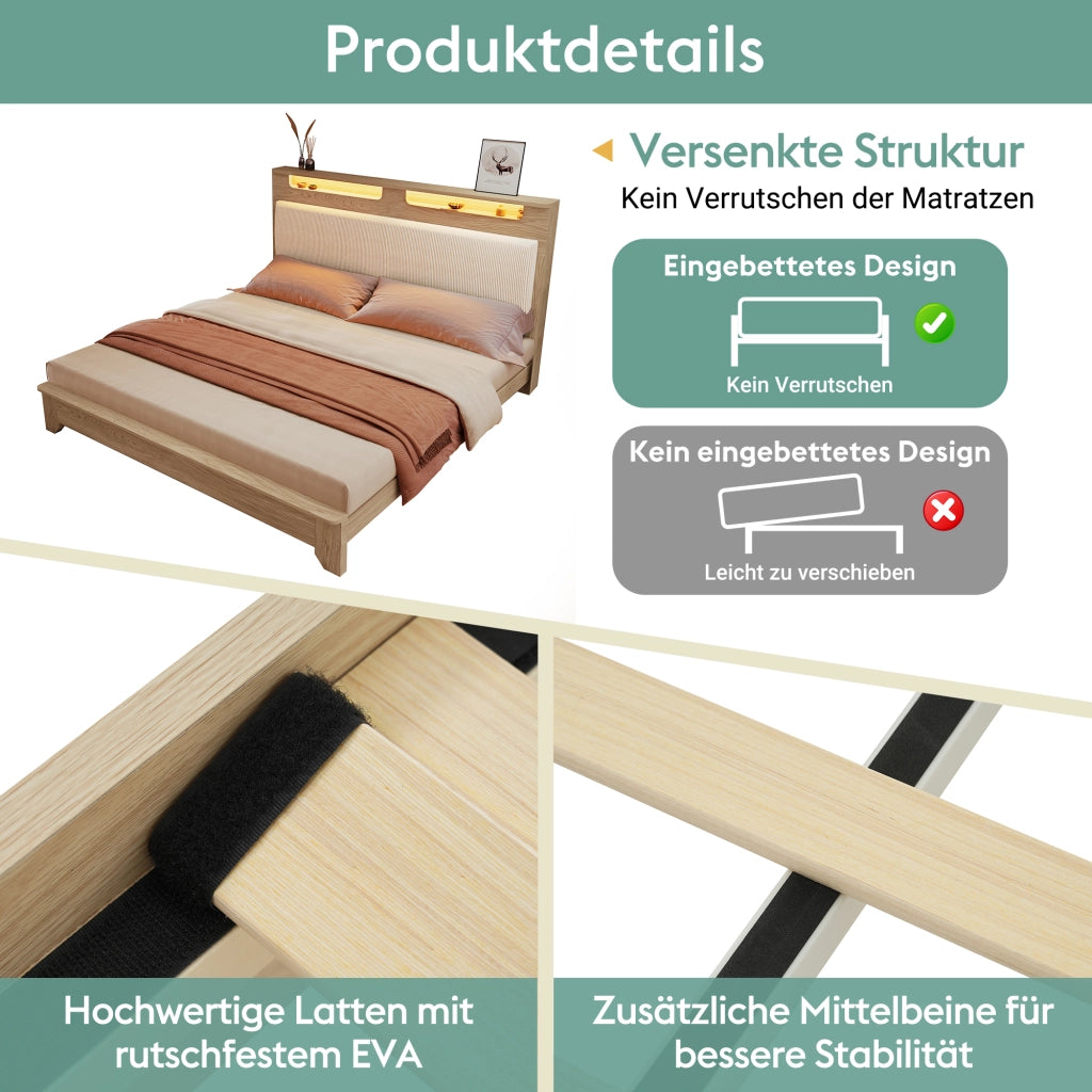 letto in legno e corduroy beige 140 x 200 cm