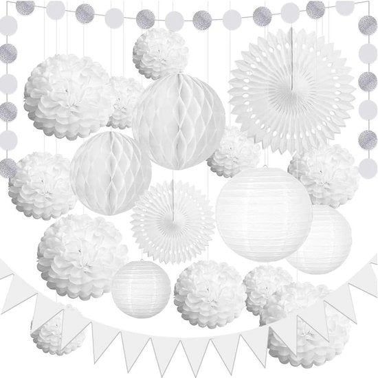 Set di 20 Lampioni e Decorazioni per Matrimonio, Festa di Matrimonio e Festa di Impegno - Set di Pompon, Sferette a Rete, Bandiera da Appendere