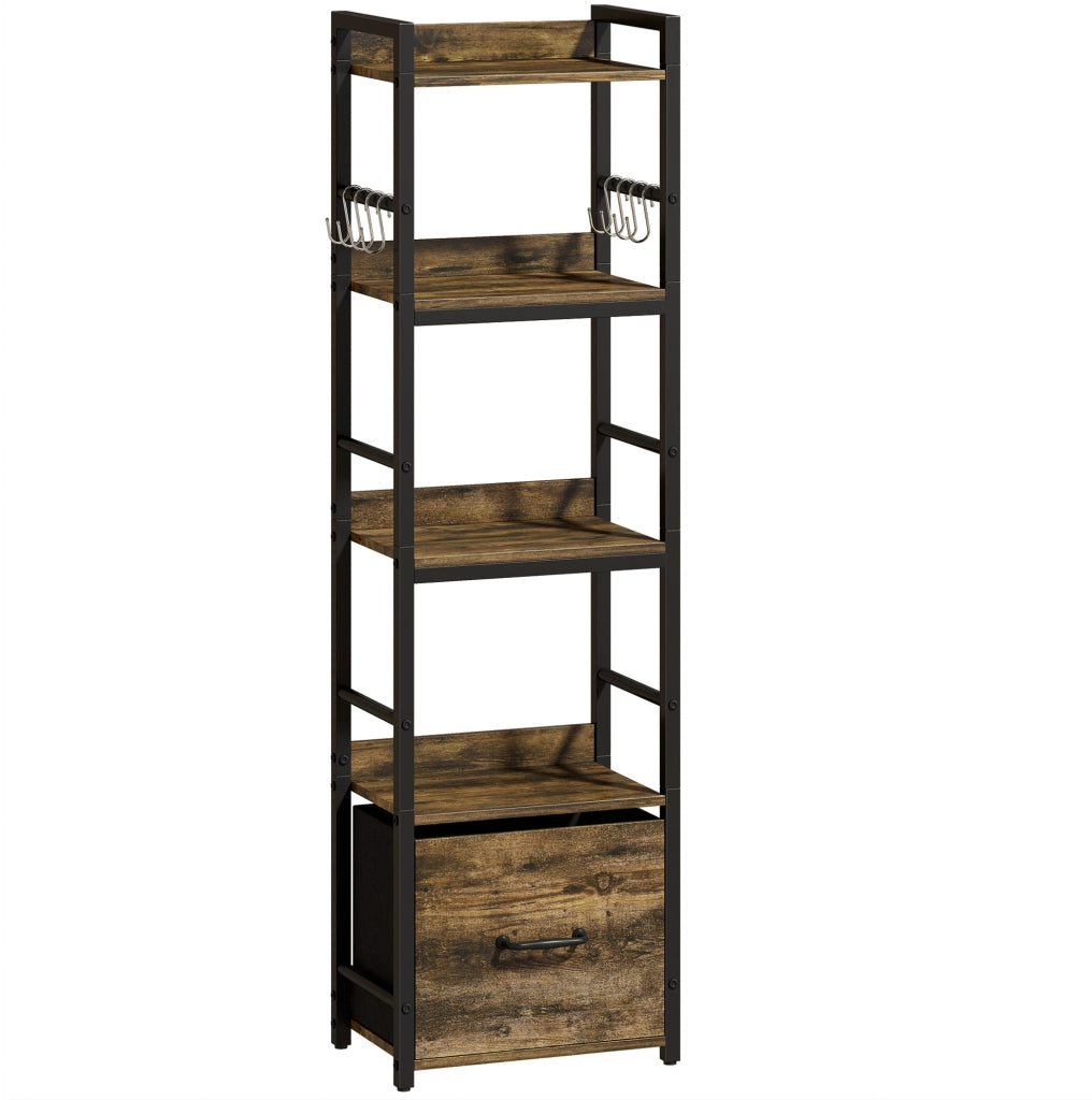 Libreria ULEVR 39x26x136,5 cm con 4 ripiani aperti, cassetto e 8 ganci, metallo e legno marrone rustico