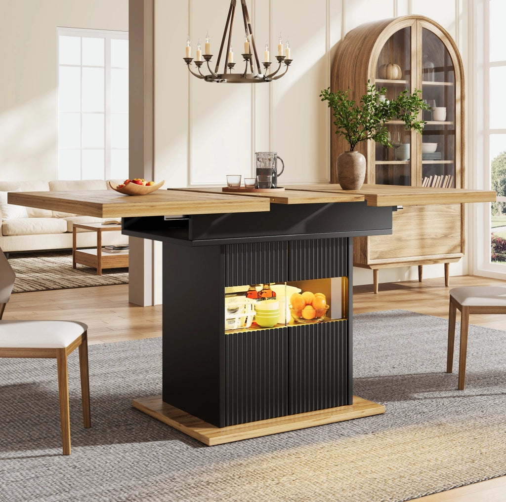 Tavolo da pranzo allungabile con vano portaoggetti e illuminazione LED, 110-140 cm, nero con finitura effetto legno